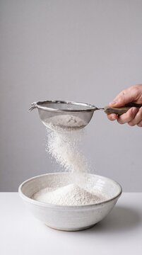 Hands sifting white wheat flour through metal sifter