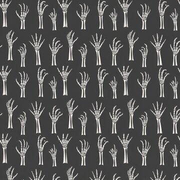 A pattern of skeletal hands reaching up against a dark background