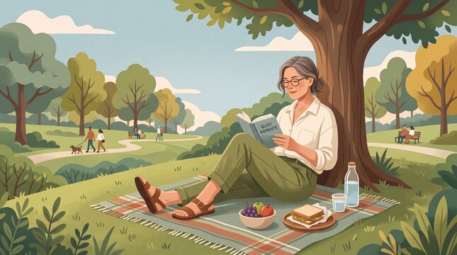 Mature woman enjoying a peaceful solo picnic with a book in a sunny park, lifestyle illustration for midlife wellness, mindful leisure, and self-care concepts