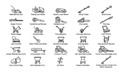 Fototapeta premium Landscaping Equipment Line Icon Set with Lawn Mowers Trimmers Blowers Tillers and Garden Maintenance Machinery Vector Symbols