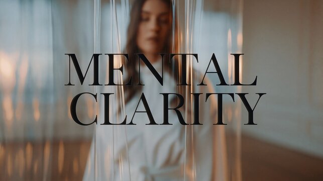 Portrait of a woman behind sheer plastic curtains with text mental clarity