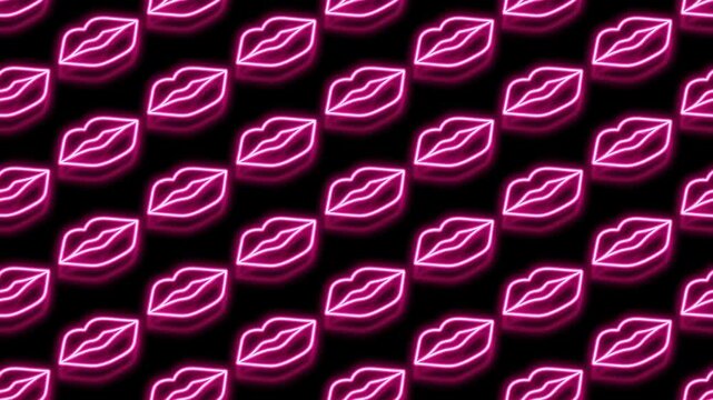 Looping neon pink lips pattern glowing in retro night seamless background