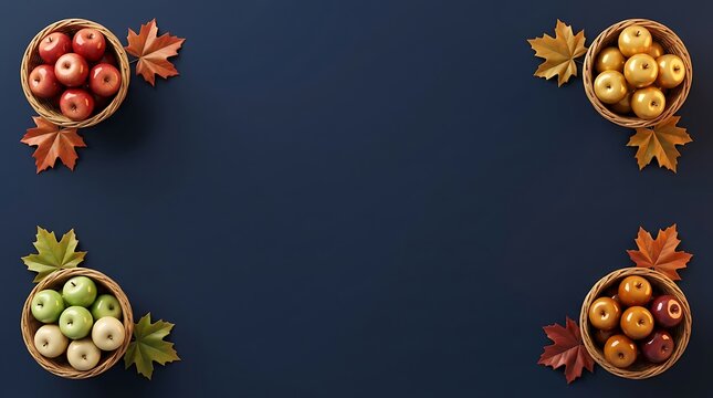 Autumn harvest arrangement featuring colorful fruits and vibrant fall maple leaves
