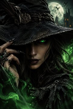 Mysterious witch with glowing green eyes and a large black hat in a spooky atmosphere