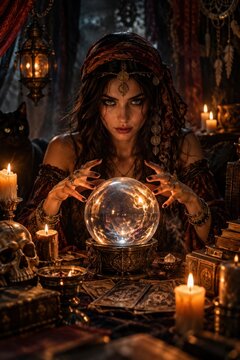 Fortune teller with crystal ball in a dimly lit, mystical room