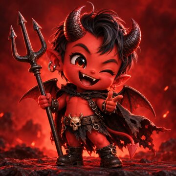 Cute little devil character with horns, trident, and wings in a fiery hellscape