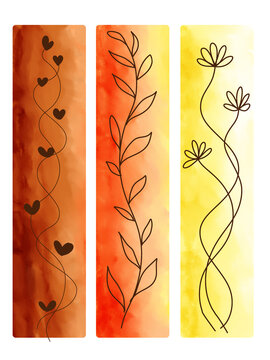 Warm watercolor vertical divider, floral line art border orange yellow