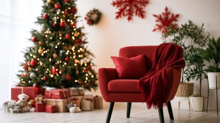 Fototapeta premium Red armchair with Christmas tree and gifts in room