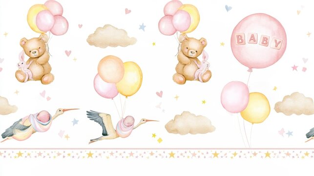 Watercolor teddy bears and pastel clouds seamless border pattern for baby room decor and children's stationery