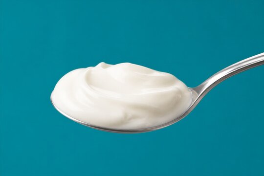 Spoon holding dollop of yogurt against teal background