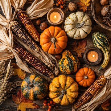 Autumn harvest arrangement with pumpkins, gourds, and corn on a rustic wooden table