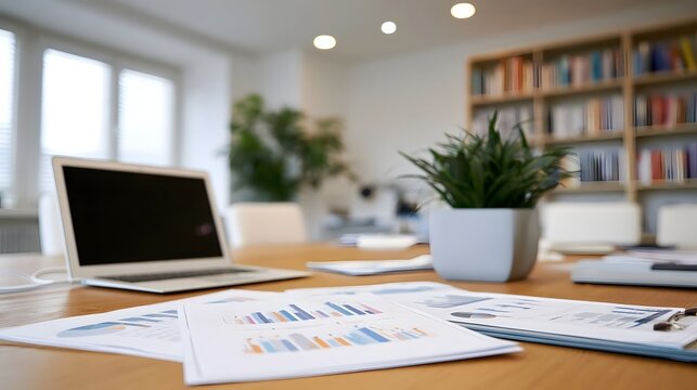 Modern office desk with printed business charts  laptop  and potted plant under bright ambient lighting