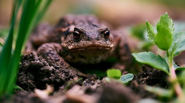 A close up of a toad resting among green plants and soil in a natural outdoor setting with soft lighting