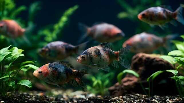A group of colorful fish swim gracefully among lush green aquatic plants in a clear  well lit tank with gravel bottom