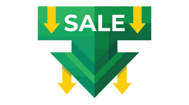 Green sale sign with bright yellow down arrows featuring modern flat style vector graphic design