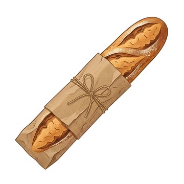 Fresh french baguette wrapped in brown paper tied with string