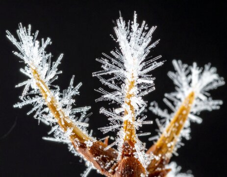 White frost crystals growing on a bare twig against a dark background, winter macro with copy space