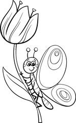 Fototapeta premium happy cartoon butterfly insect animal character on flower coloring page