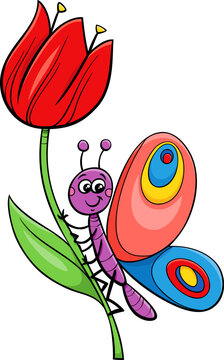 happy cartoon butterfly insect animal character on flower