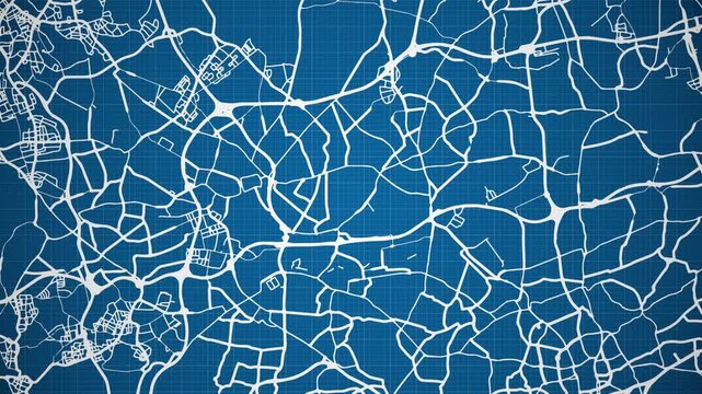 Ink reveal animation of Oberhausen city, state of North Rhine-Westphalia, Germany, grid map. Aerial top view. Blueprint style. White lines with blue background. 4K Seamless loop.