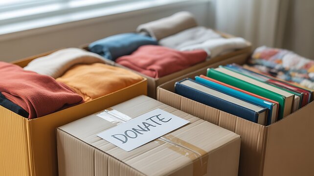 Close up Boxes of stuff preparing to donate to charity