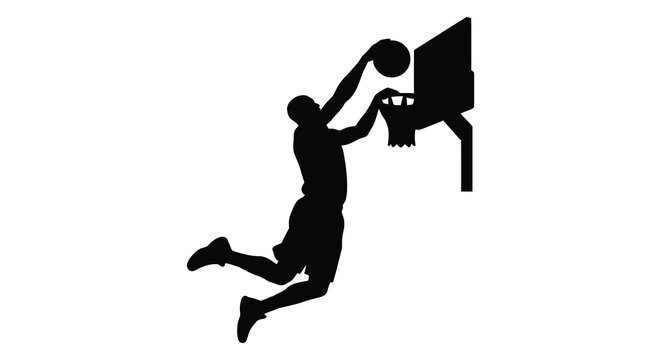 Basketball player silhouette dunking with hoop and backboard against white background