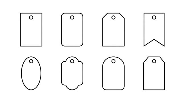 Set of eight different blank hanging tags with hole outlines on a plain white background with circular holes arranged rows with two rows