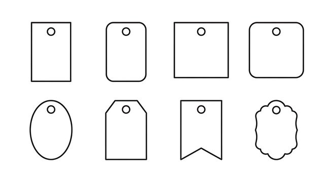 A collection of various blank paper gift tags with different shapes on a white background with eight different outline tags arranged two