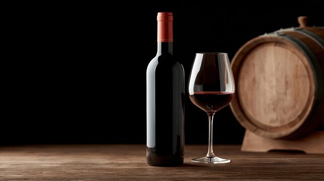 Bodeg&oacute;n de vino tinto conbotella, copa y barrica