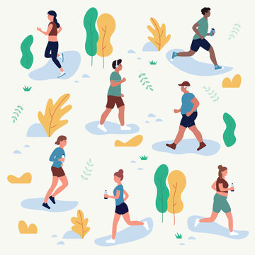 People run in park vector illustration set. Cartoon flat man woman runners characters jogging marathon in city park or street, jogger athlete in outdoor healthy sport activity isolated on white