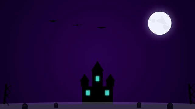 Spooky halloween animation background with haunted castle full moon and bats in purple night