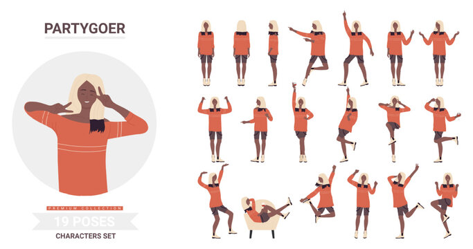 Young woman poses on dance party vector illustration set. Cartoon happy dancer female character dancing in different postures, active stylish partygoer person enjoying fun party time isolated on white
