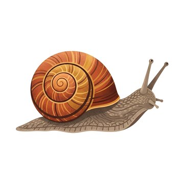 Cute garden snail with brown spiral shell crawling on white background