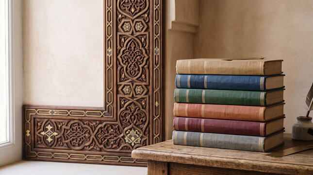 Library books with arabesque border