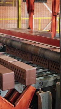 Freshly cut clay bricks moving along a roller conveyor at a brick factory