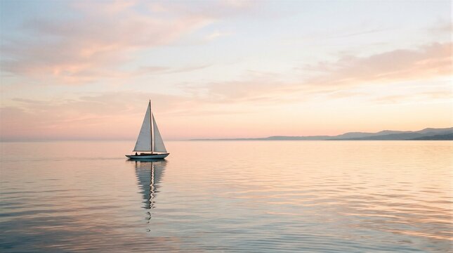 Sailboat sailing on calm sea at pastel sunset horizon