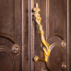Antique brass door knocker with deer head and fleur-de-lis in Bologna © Michael Niehaus