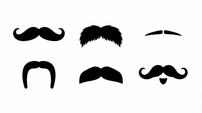 Assorted black mustache silhouettes featuring various distinct styles and shapes arranged neatly on a plain white background for graphic design projects and creative masculine branding purposes