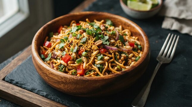 Spicy bhelpuri street food served in a rustic wooden bowl with fresh herbs and crunchy sev featuring a savory blend of puffed rice and vegetables
