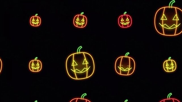 Halloween neon pumpkin animation with glowing jack-o-lantern faces pattern on black background for spooky holiday festive celebration