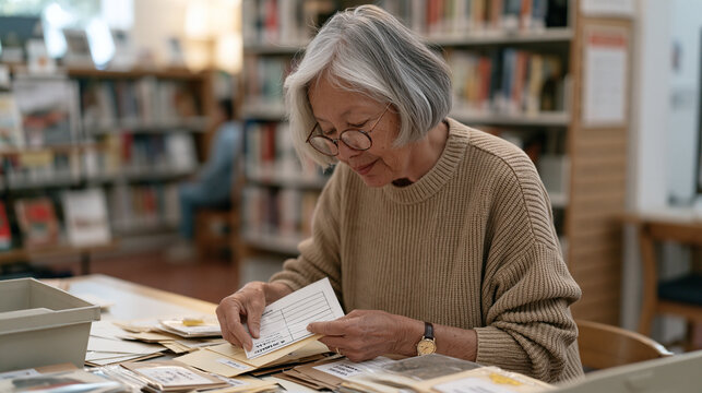 A woman with silver hair organizing a community seed library collection inside a rural public library, labeling envelopes of donated vegetable seeds, local food movement,