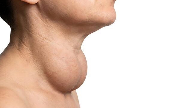 Close-up of a patient's neck with a visible enlarged thyroid gland or goiter isolated on white
