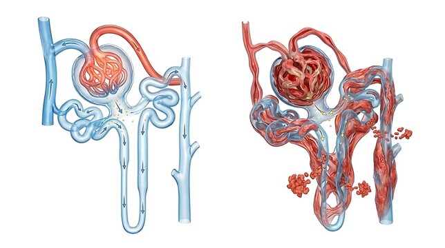Educational comparison diagram of a kidney nephron glomerulus and Bowman's capsule, cross section view