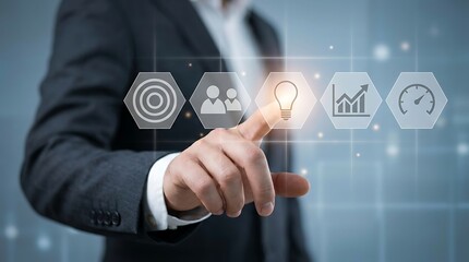 Obraz premium Businessman interacting with digital interface icons