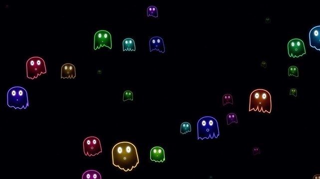 Colorful neon glowing ghosts floating in the dark for a fun and spooky halloween animation design concept