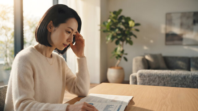 Worried Japanese woman sitting alone at home
