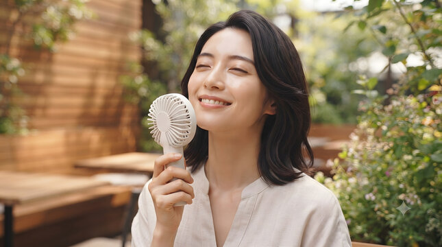 Japanese woman cooling herself with a handheld fan outdoors