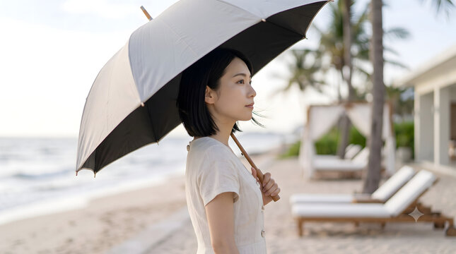 Japanese woman walking outdoors with a sun umbrella in summer