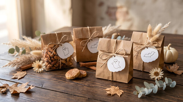 Rustic gift bags with dried flowers and autumn decorations