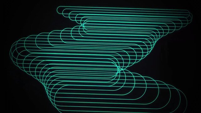 Futuristic Cyan Neon Geometric Pattern of Overlapping Rounded Lines Creating an Abstract Tech Shape on Black Background